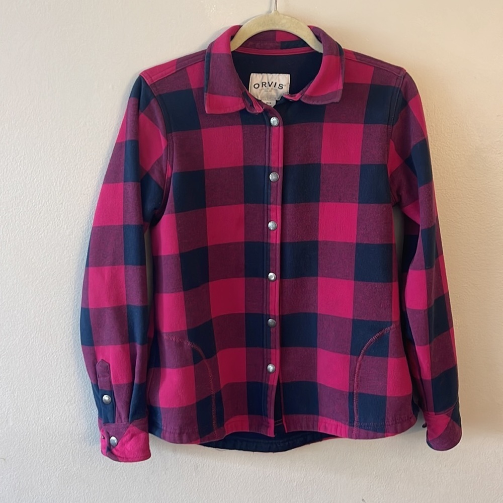 Orvis Fleece Lined Flannel Shacket Snap Button up Pink Navy checkered Medium